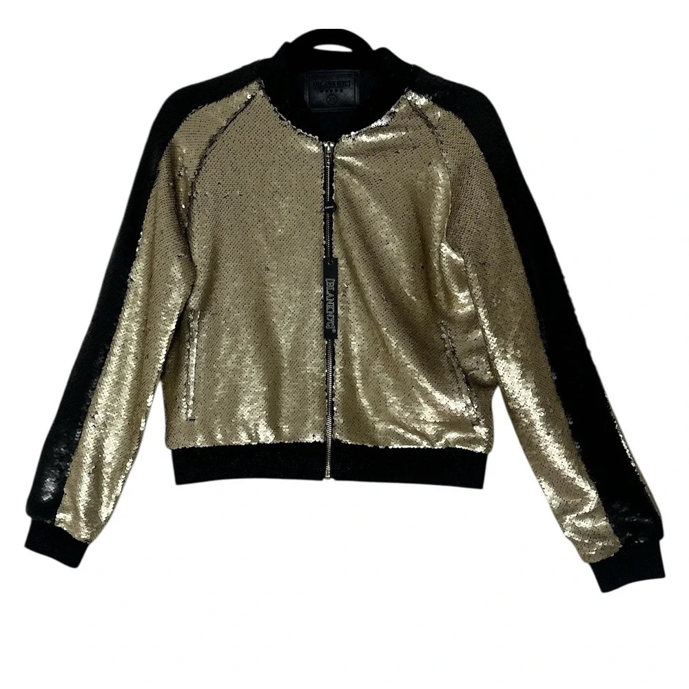 New Blank NYC Bomber Jacket Women's Size XS Gold Full Zip Sequin Holidays Bright